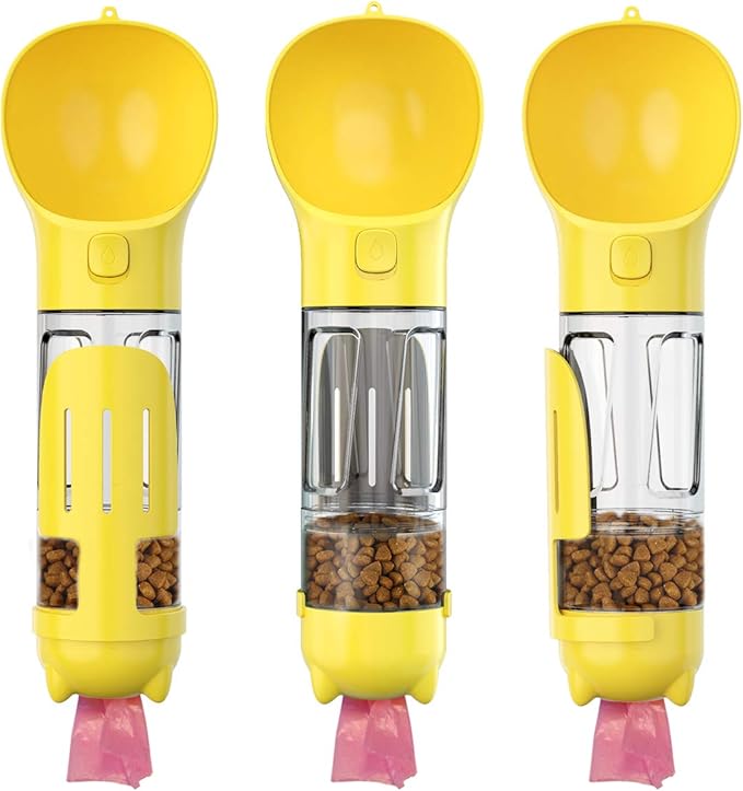 Portable 3 in 1 Dog Bottle,Storage for Pet Water,Food and Poop Waste Bags.Leakproof,with Lanyard and Trash Shovel,Dog Travel and Pet Outdoor Activity Necessities,Yellow(10.15OZ)