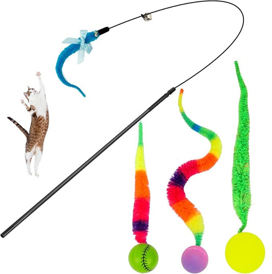 SHENGSEN Feather Wand Cat Toy,Bouncy Ball with Tail Cat Toys,Magic Worm with Large Colorful Ball Toy for Cats,Cat Feather Toys for Indoor Cats,Colorful Fuzzy Worm Bouncy Balls Cat Toy (ADM102-A-3A)