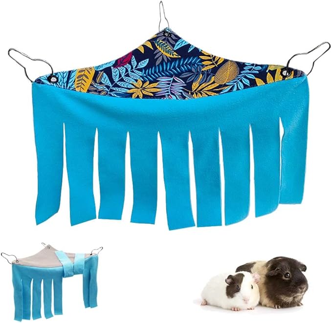 RIOUSSI Guinea Pig Hideout Hideaway Corner Fleece Toys Cage Accessories with Reversible Sides, Blue Leaves