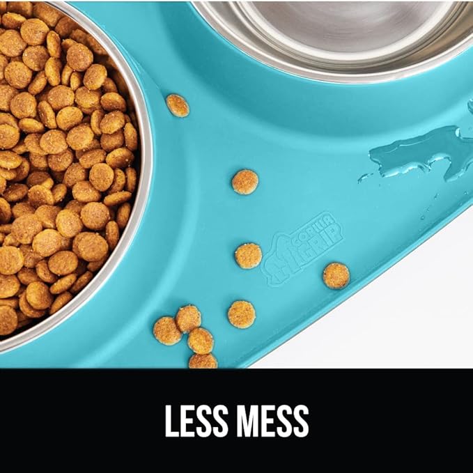 GORILLA GRIP Feeding Mat Set, Patent Pending 100% Waterproof BPA Free Silicone, Stainless Steel Cat and Dog Bowls, Slip Resistant, Edges Catch Water, Food, US Designed Pet Accessories, 2 Cup Turquoise