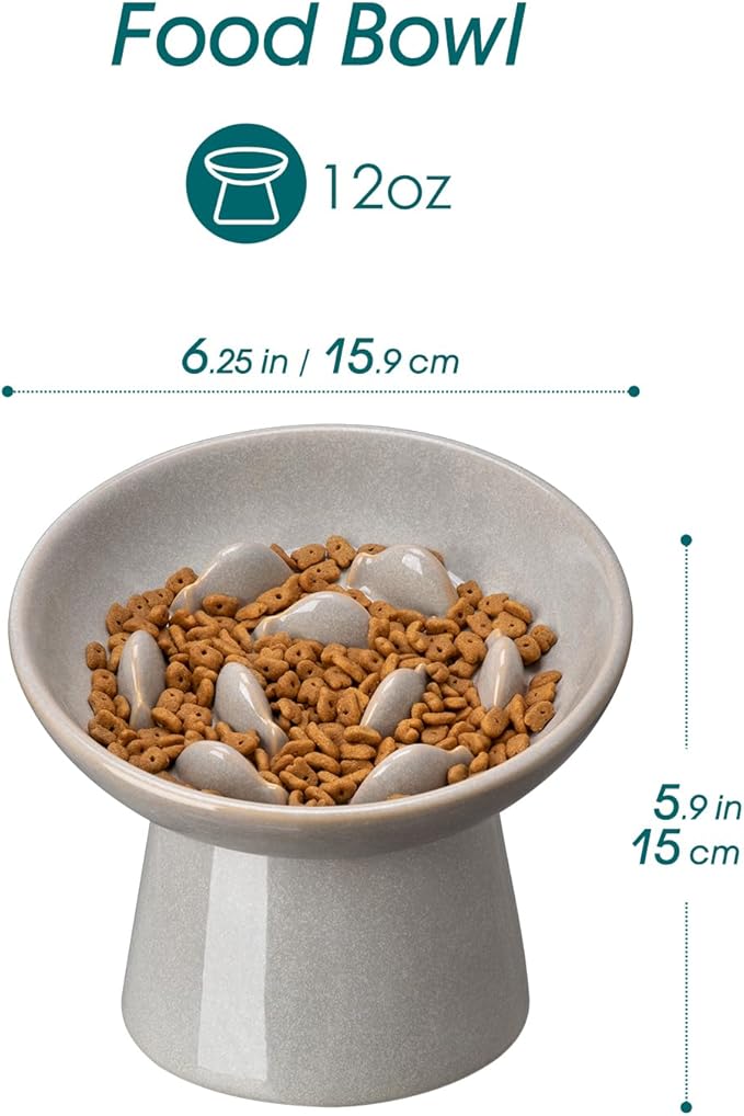 vancasso Ceramic Slow Feeder Cat Bowl, 6.25 Inch Elevated Cat Slow Feeder Bowl, Anti Vomiting for Dry and Wet Food, Grey
