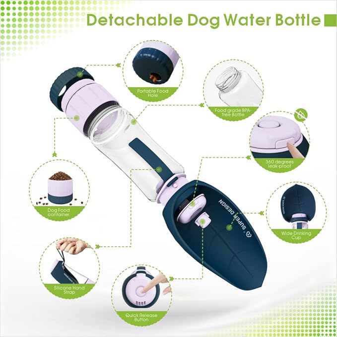 SUPERDESIGN Blue Dog Water Bottle Portable with Food Container, Dog Travel Water Bottle Easy-to-Use, Leak-Proof Design Pet Water Bottle Ideal for Travel,Hiking and Dog Walking Accessories