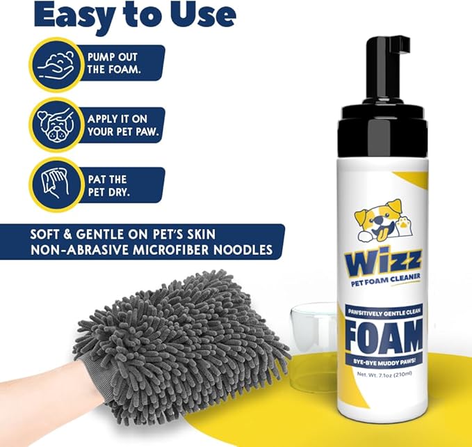 Muddy Mat® Wizz Paw Foam & Pet Grooming Mitt – No-Rinse Cleaner for Dogs Large & Small – Paw Cleanser & Chenille Bath Mitt – Portable Grooming Solution – 7 fl oz