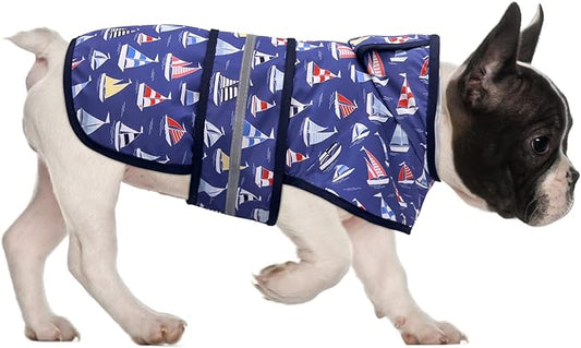 HDE Dog Raincoat Jacket Reflective Adjustable Hooded Pet Poncho Rain Coat with Leash Hole for Small to X-Large Dogs Nautical Boats - S