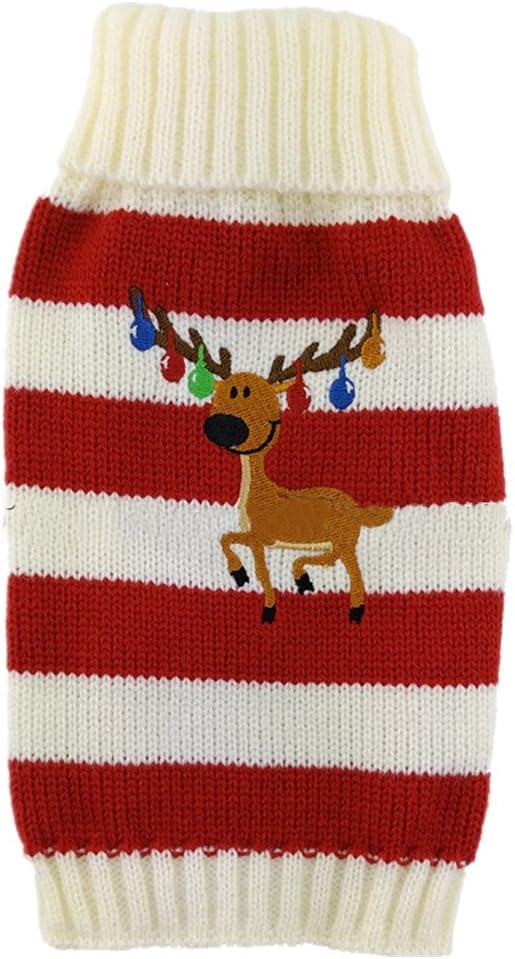 Turtleneck Stripes Pet Clothes Dog Wool Classic Sweaters (Red&White Stripes Deer, XS)
