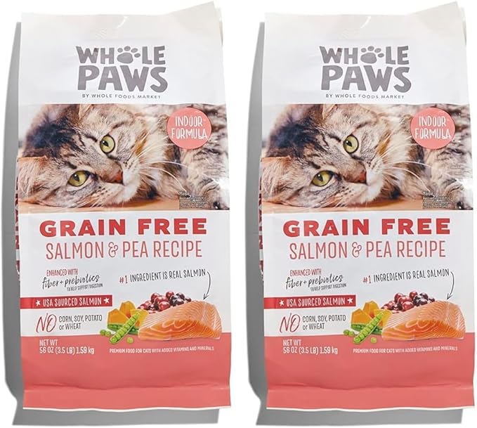 Whole Paws, Grain-Free Dry Cat Food, Salmon & Pea Recipe, Enhanced with Fiber & Prebiotics, Indoor Formula, 3.5 lb (Pack of 2)