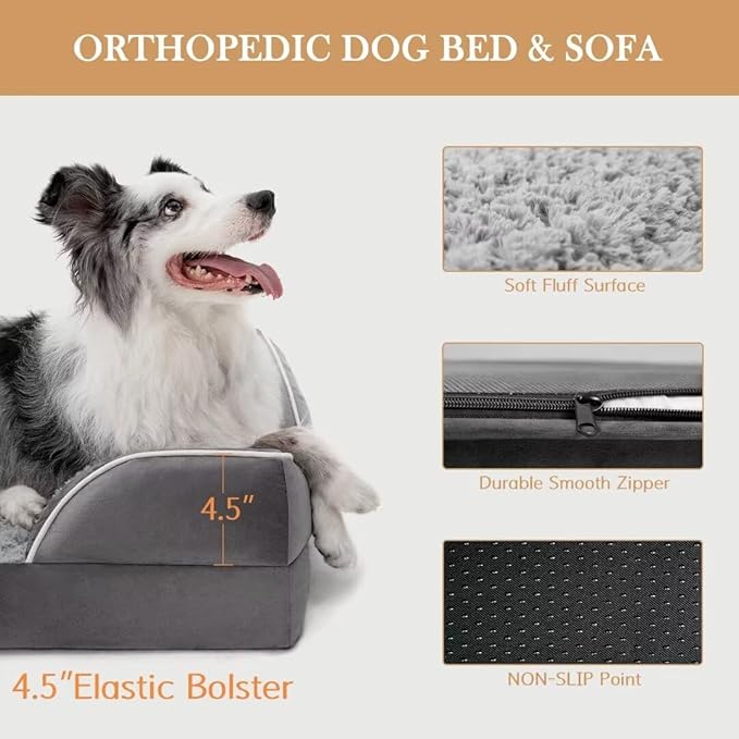 Comfort Expression Orthopedic Dog Bed for Large Dogs 36x27 Inch, Waterproof Supportive Memory Foam Large Pet Bed with Removable Bolsters, Dog Couch with Washable Cover & Non-Slip Bottom, Silver Grey