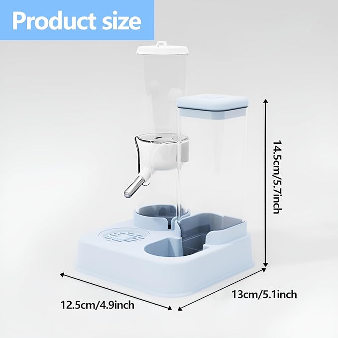 2-in-1 Hamster Water Bottle & Enhanced Food Dispenser - 35% Larger Food Capacity, Leak-Proof Design for Glass Tanks/Wire Cages Small Animal Accessories (Blue, 4.9IN+5.1IN+5.7 in)