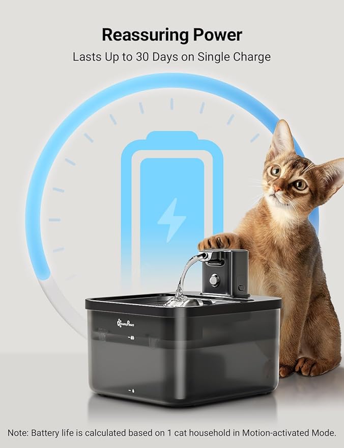 DownyPaws Cat Water Fountain Stainless Steel Cordless, 84oz/2.5L Fursink Wireless Pet Water Fountains for Cats Indoor, Battery Operated Cat Drinking Fountain, BPA-Free, Black with 6 Filters