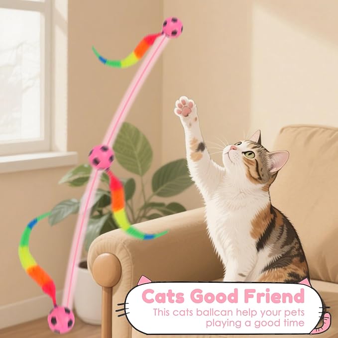SHENGSEN Feather Wand Cat Toy,Bouncy Ball with Tail Cat Toys,Magic Worm with Large Colorful Ball Toy for Cats,Cat Feather Toys for Indoor Cats,Colorful Fuzzy Worm Bouncy Balls Cat Toy (ADM102-A-3B)