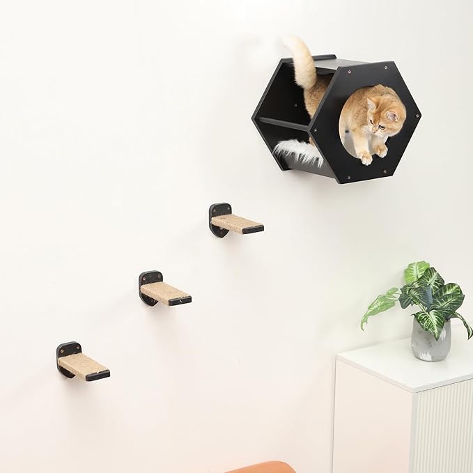 Cat Shelves with 3 Steps Scratcher Post & Hammock - Wall Mounted Climbing Shelf for Indoor Cats (Black)
