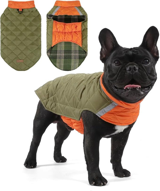 Reversible Waterproof Dog Coat - Adjustable Winter Jacket for Small to Large Breeds, Warm Cold Weather Apparel for Medium Dogs (Army Green & Orange, Small (Pack of 1))