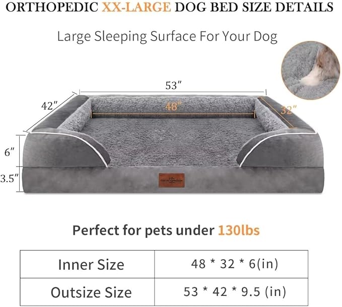 Comfort Expression Orthopedic Dog Bed for Extra Large Dogs 53x42 Inch, Waterproof Memory Foam XXL Pet Bed with Removable Bolsters, Dog Couch with Washable Cover & Non-Slip Bottom, Silver Grey