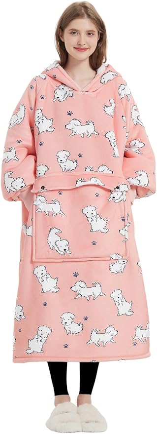 KFUBUO Wearable Blanket Hoodie for Adult Long Sherpa Dog Patterns Oversized Hoodie Sweatshirt Blanket Cute Birthday Gifts for Women