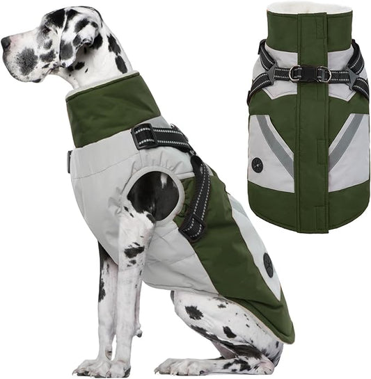 IECOii Large Dog Coat with Harness Built in,Reflective Waterproof Dog Coat for Giant Breeds - Zip Up Fleece Jacket for Dogs,Great Dane Winter Coats Warm Snowsuit for Cold Weather, Green, 4XL
