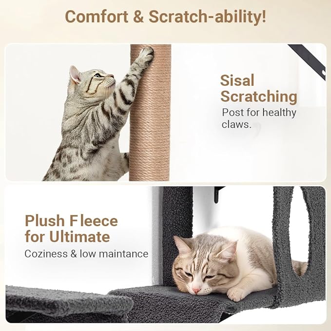 Cat Wall Shelves, 5-in-1 Cat Furniture Set, Wooden Cat Climber with Perches, Condo House, Bed, Scratching Post & Board for 16inch Drywall and Solid Wall