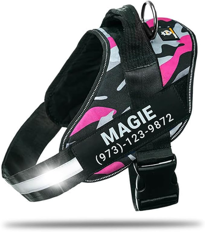 Personalized No-Pull Dog Harness with Name Patch, Adjustable, Reflective, Padded, Heavy Duty Pet Vest to Prevent Tugging, Pulling, or Choking, Training and Walking, Camouflage Pink, 2XL