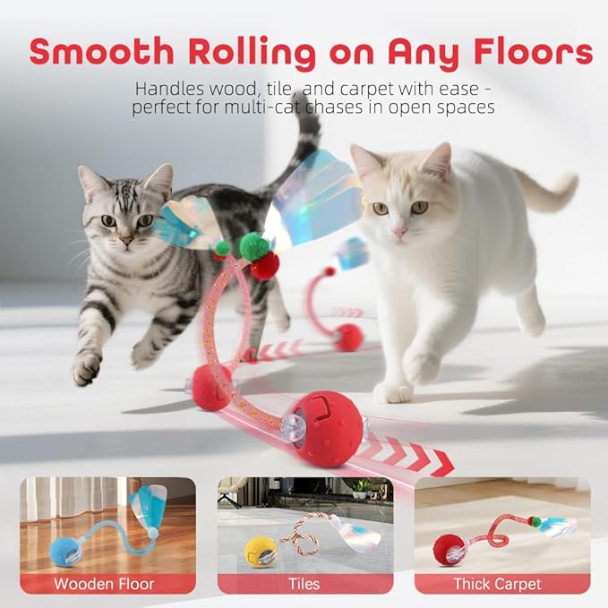 Interactive Cat Toys Ball for Indoor Cats with Elastic Mesh Net Tails – 3 Working Modes for Agile Movement, Motion Activated, USB-C Rechargeable, Ideal for Indoor Cats (Red)