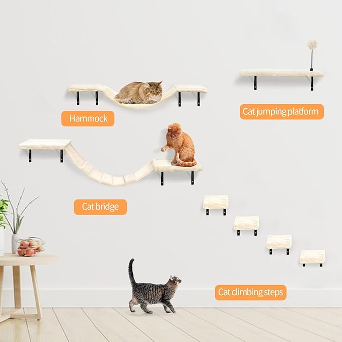 Wall-Mounted Cat Climber Set with Climbing Shelves, Perches, Bridge,Hammock,Scratching Board & Ball - 7 Pcs Wood Indoor Cat Furniture for Kittens Play (Grey)