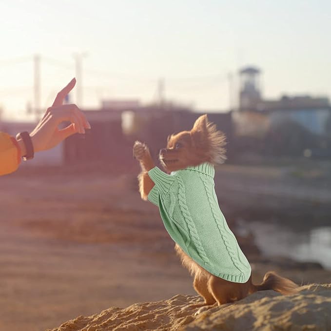 Queenmore Small Dog Pullover Sweater, Cold Weather Cable Knitwear, Classic Turtleneck Thick Warm Clothes for Chihuahua, Bulldog, Dachshund, Pug, Yorkie (Green, X-Large)