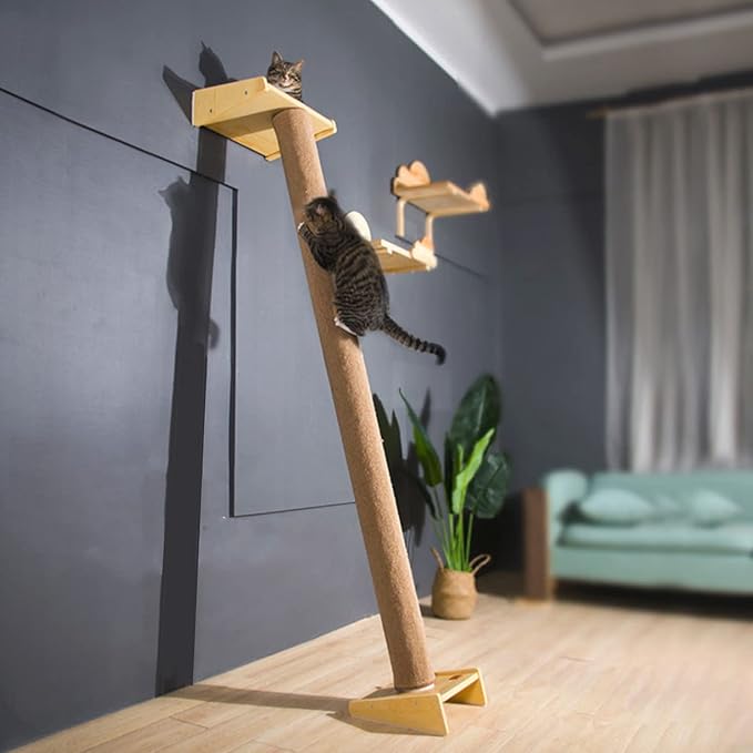 SHENGOCASE Modern 78.7“ Tall Leaning Cat Tree Tower Scratching Post Pillar with Bed Perch, Climbing Pole for Wall and Window, Wall Mounted Shelves