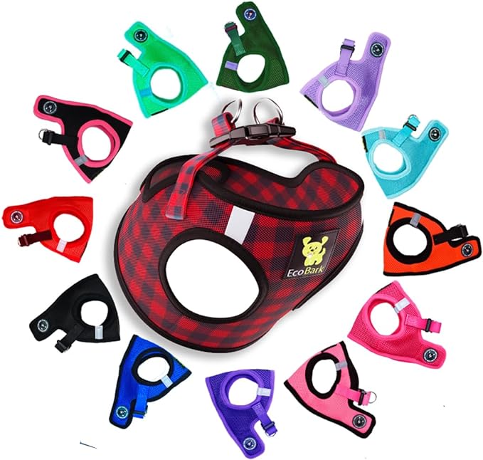 EcoBark Step in Dog Harness - Eco-Friendly Dog Harnesses for Small and Medium Breed Dogs - Reflective and Adjustable Body Halter Vest - Soft Mesh Toy Breed Harness (Red Plaid, Large)