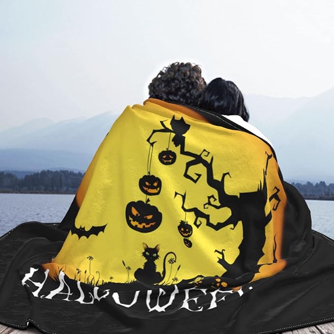 Happy Halloween Throw Blankets Lightweight Plush Fuzzy Cozy Soft Bedding, Fleece Throw Blankets All Season for Sofa Couch Bed 50x60 inches，Cat Pumpkin Tree