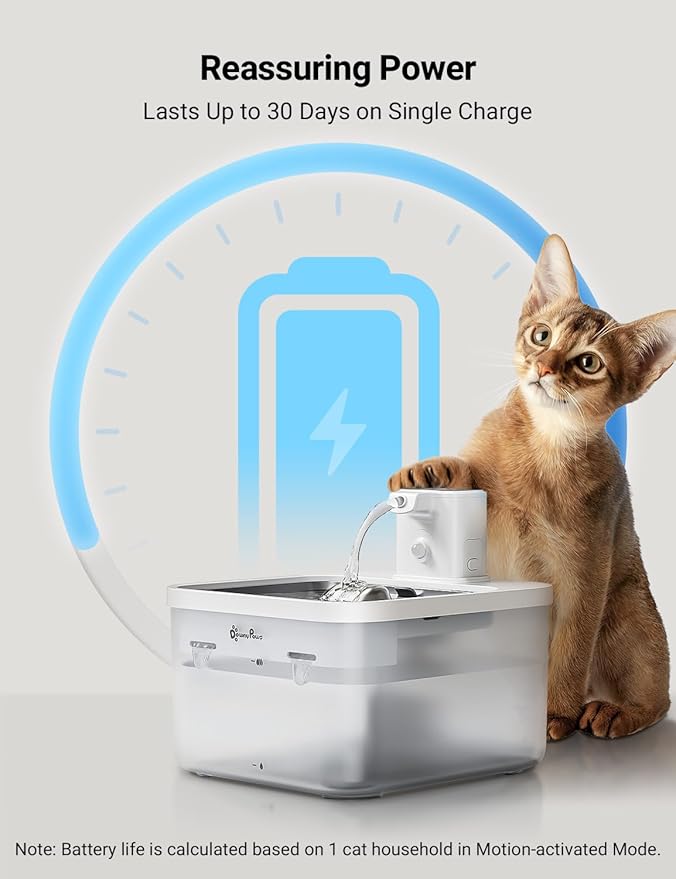 DownyPaws Battery Operated Cat Water Fountain Stainless Steel, 84oz/2.5L Fursink Wireless Pet Water Fountain for Cats Inside, Automatic Dog Water Dispenser with Faucet, Quiet Pump, BPA-Free, White