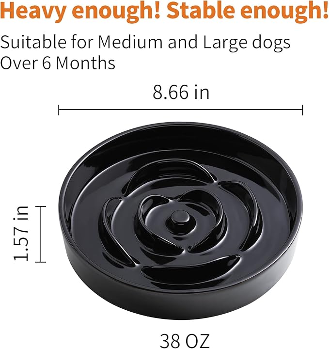 Black Elevated/Raised Dog Bowl Ceramic Slow Feeder with Wood Stand for Small Medium Large Dogs, 8.66 in Dog Dish to Slow Down Eating,Modern Heavy Slow Puppy Bowl for Fast Eaters