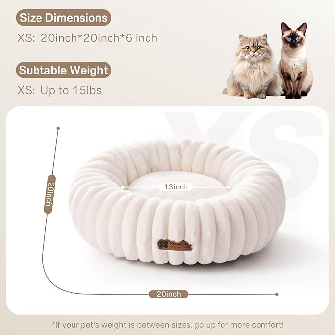 MEWOOFUN Cat Bed, Washable Beds for Indoor Cats, Cute Donut Bed Fluffy Pet Bed with Non-Slip Bottom, Calming Round Bed for Puppy and Kitten (Cream)