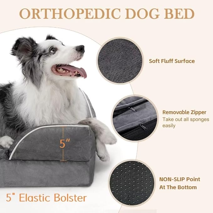 Comfort Expression Orthopedic Dog Bed for Extra Large Dogs 42x30 Inch, Waterproof Egg Crate Foam XL Pet Bed with Removable Bolsters, Dog Couch with Washable Cover & Non-Slip Bottom, Dark Grey