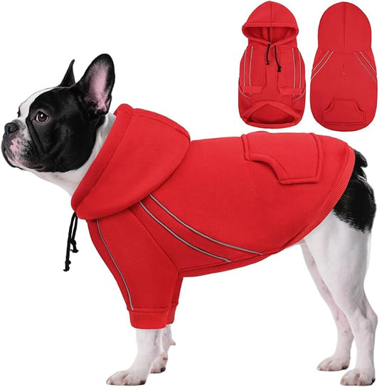 ASENKU Cozy Dog Hoodie，Soft Sweater with Adjustable Hood, Back Pocket and Leash Access Hole，Warm Reflective Sweatshirt for Cold Weather（Red，S
