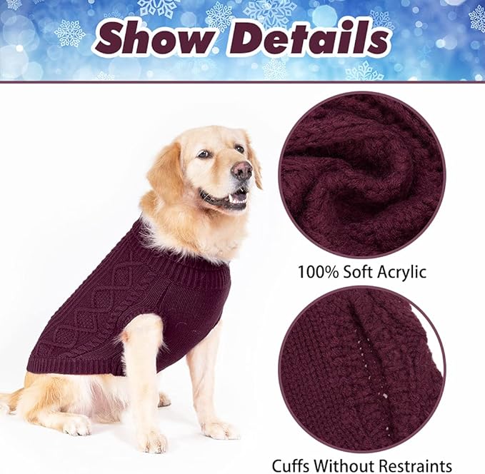 BINGPET Thermal Knitted Dog Sweater, Winter Dog Cat Coat, Warm Sweater for Small Medium Large Dogs, Classic Cable Knit Turtleneck Pullover, Purple, Large, 100% Acrylic, Machine Wash
