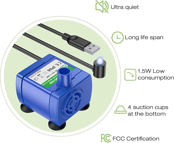 Cat Water Fountain Stainless Steel Top with 4 Filters & 4 Sponges, Pet Fountain for Small Dog and Cat with LED Light and Water Level Window (Blue)