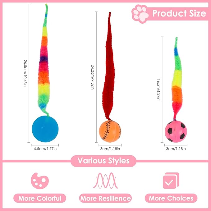 SHENGSEN Feather Wand Cat Toy,Bouncy Ball with Tail Cat Toys,Magic Worm with Large Colorful Ball Toy for Cats,Cat Feather Toys for Indoor Cats,Colorful Fuzzy Worm Bouncy Balls Cat Toy (ADM102-A-3B)