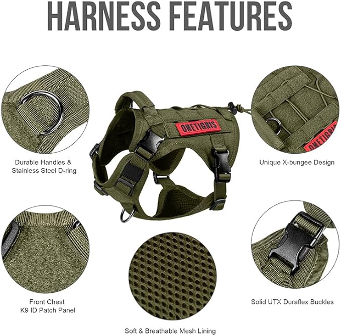 OneTigris Tactical Dog Harness Vest,No-Pull Service Dog Vest with Hook & Loop Panels,Adjustable Dog Vest Harness for Walking Hiking Training(Ranger Green,XS)