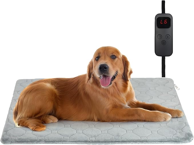 Pet Heating Pad for Cats & Dogs Indoor Outdoor, Warming Cat Heating Pad with Chew Resistant Cord, Adjustable Temperature and Time, Heated Pet Bed Mat Waterproof for Cats Dogs (Grey, 15.7'' × 27.6'')