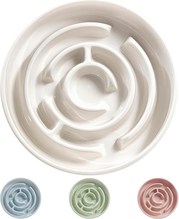 Ceramic Slow Feeder Dog Bowl,1.5 Cups Pet Slow Feeder for Small and Medium Breed,Puzzle Dog Food Dish,Anti-Gulping,Stop Bloat,Preventing Choking(White)