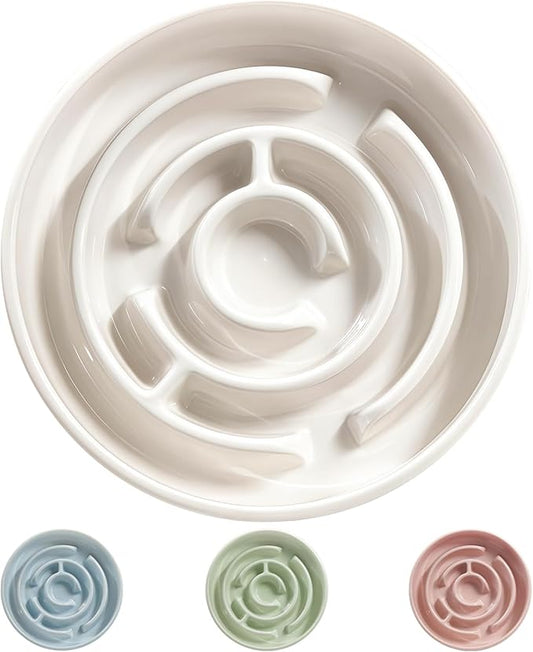 Ceramic Slow Feeder Dog Bowl,1.5 Cups Pet Slow Feeder for Small and Medium Breed,Puzzle Dog Food Dish,Anti-Gulping,Stop Bloat,Preventing Choking(White)