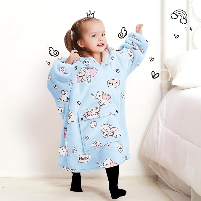 KFUBUO Wearable Blanket Hoodie for Kids Toddlers Sherpa Blanket Sweatshirt With Pocket Cute Hoodies 2-6 Year Old Girl Boy Birthday Gifts Elephant