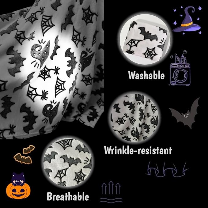Cute Halloween Bat Blanket for Kids/Teens/Women/Men, Glow in The Dark Throw Blankets Soft Plush Fleece, Spooky Blanket for Boy/Girls/Toddler, Day Care Home Travel Use, 60"*50", White