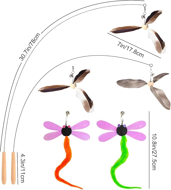 Kingtree Cat Teaser Wand Toys, Interactive Feather Cat Wand Toy with 5 Bell Feather Refills & 2Pcs 35'' Flexible Steel Wire Wood Handle Wands, Cat Feather Toys for Indoor Cats to Play Chase Exercise