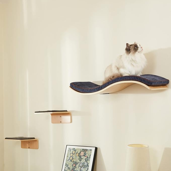 Cat Wall Shelf with Two Steps - Wave Cat Shelves and Perches for Wall - Wall Mounted Cats Furniture for Sleeping, Playing, Climbing, and Lounging