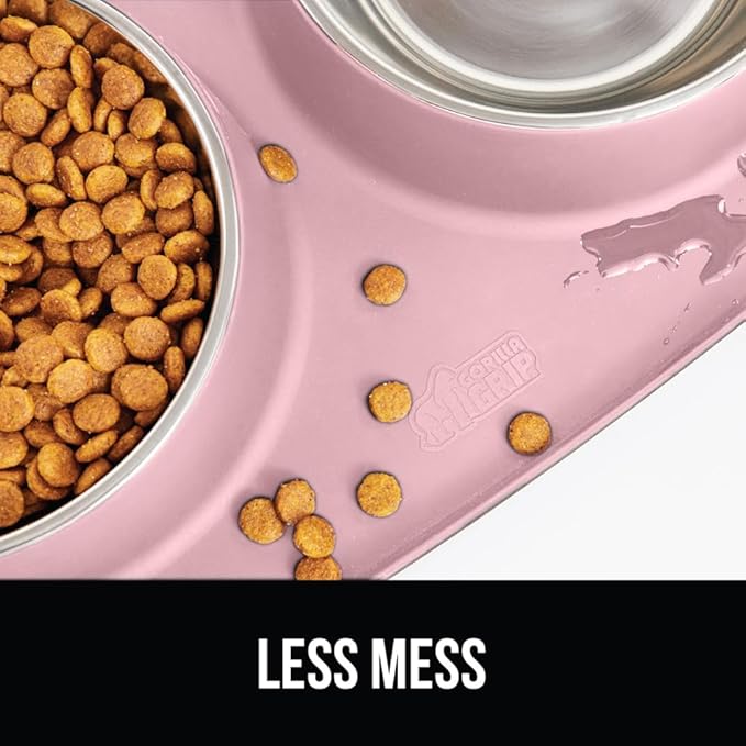 GORILLA GRIP Feeding Mat Set, Patent Pending 100% Waterproof BPA Free Silicone, Stainless Steel Cat and Dog Bowls, Slip Resistant, High Edges Catch Water, Food, US Designed Pet Accessories, 1 Cup Pink