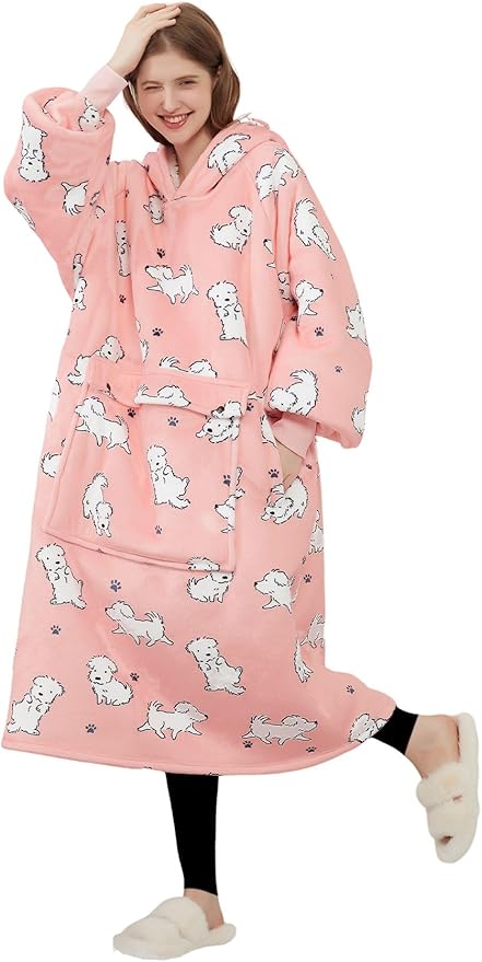 KFUBUO Wearable Blanket Hoodie for Adult Long Sherpa Dog Patterns Oversized Hoodie Sweatshirt Blanket Cute Birthday Gifts for Women