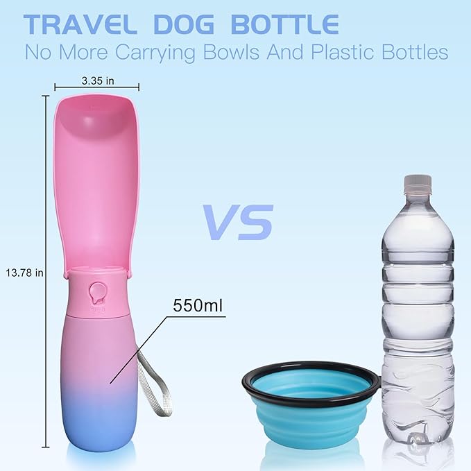 Dog Water Bottle Portable 19Oz, Food Grade Material Portable Dog Water Bowl Dispenser for Small Medium Large Dogs, Pet Essentials for Outdoor Walking Traveling, Dog Gifts (Pink&Blue)