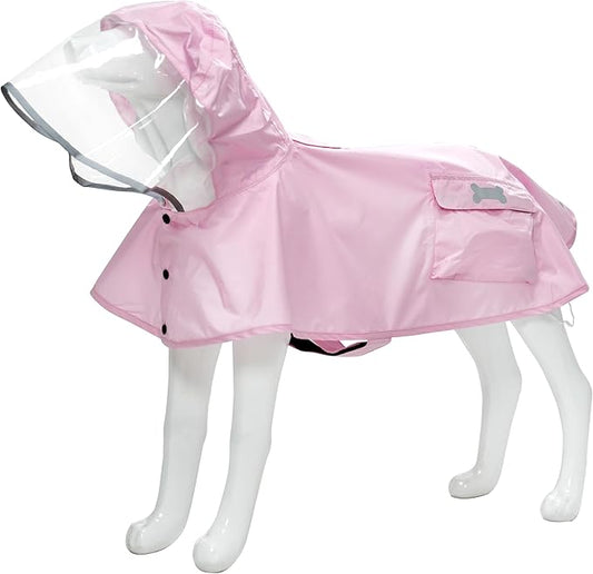 Waterproof Dog Raincoat, Adjustable Reflective Lightweight Pet Rain Clothes with Poncho Hood (Light Pink, Large)