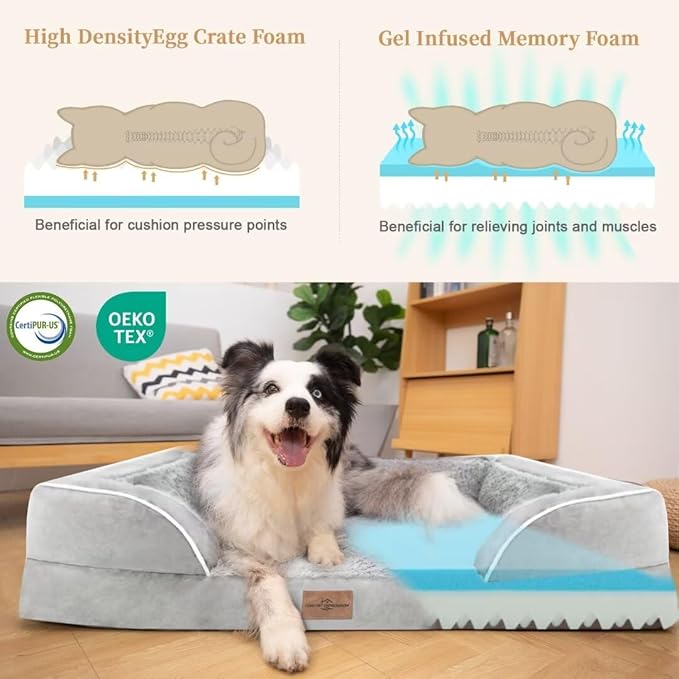 Comfort Expression Orthopedic Dog Bed for Extra Large Dogs 53x42 Inch, Waterproof Supportive Memory Foam XXL Pet Bed with Removable Bolster, Dog Couch with Washable Cover & Non-Slip Bottom, Light Grey