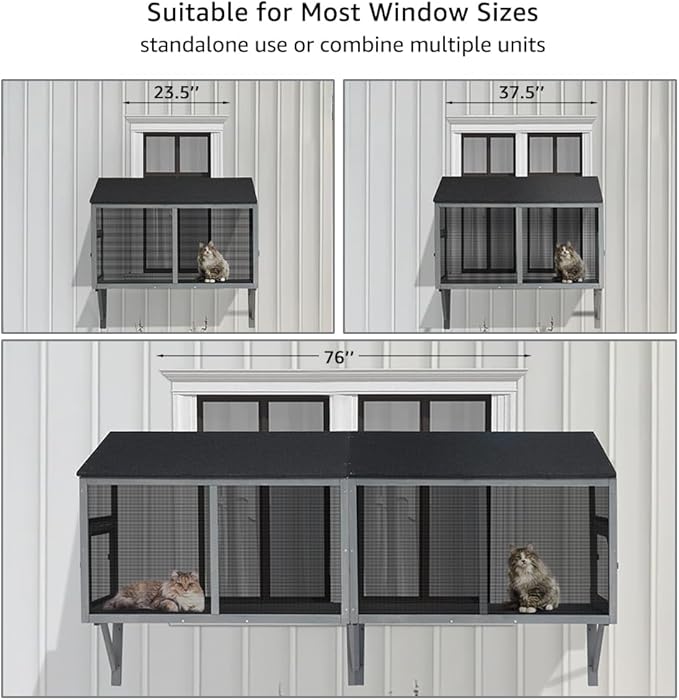 beeNbkks Bug Proof Cat Catio, Window Cat House with Metal Mesh, Outdoor Enclosure for Indoor Pets, Expandable Wooden Perch, Safe Comfortable Haven for Pets, Keep Bugs Insects Out