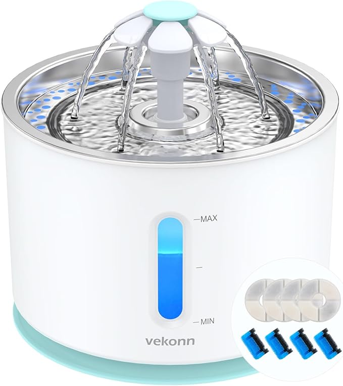 Cat Water Fountain Stainless Steel Top with 4 Filters and 4 Sponges, Pet Water Fountain for Small Dog and Cat with LED Light and Water Level Window (Green)